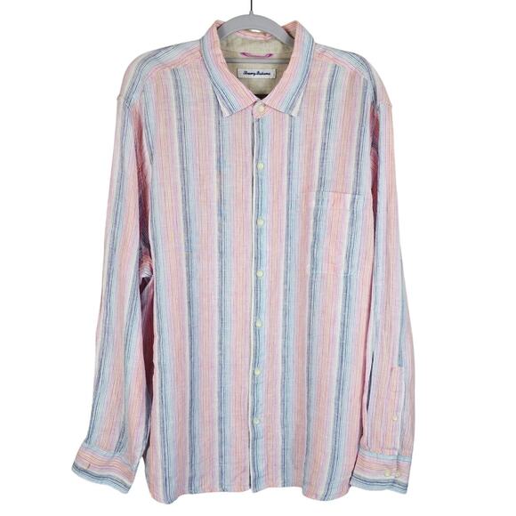 Tommy Bahama 100% Linen Pink Blue Stripe Business Casual Men's Dress Shirt XL - Picture 1 of 7